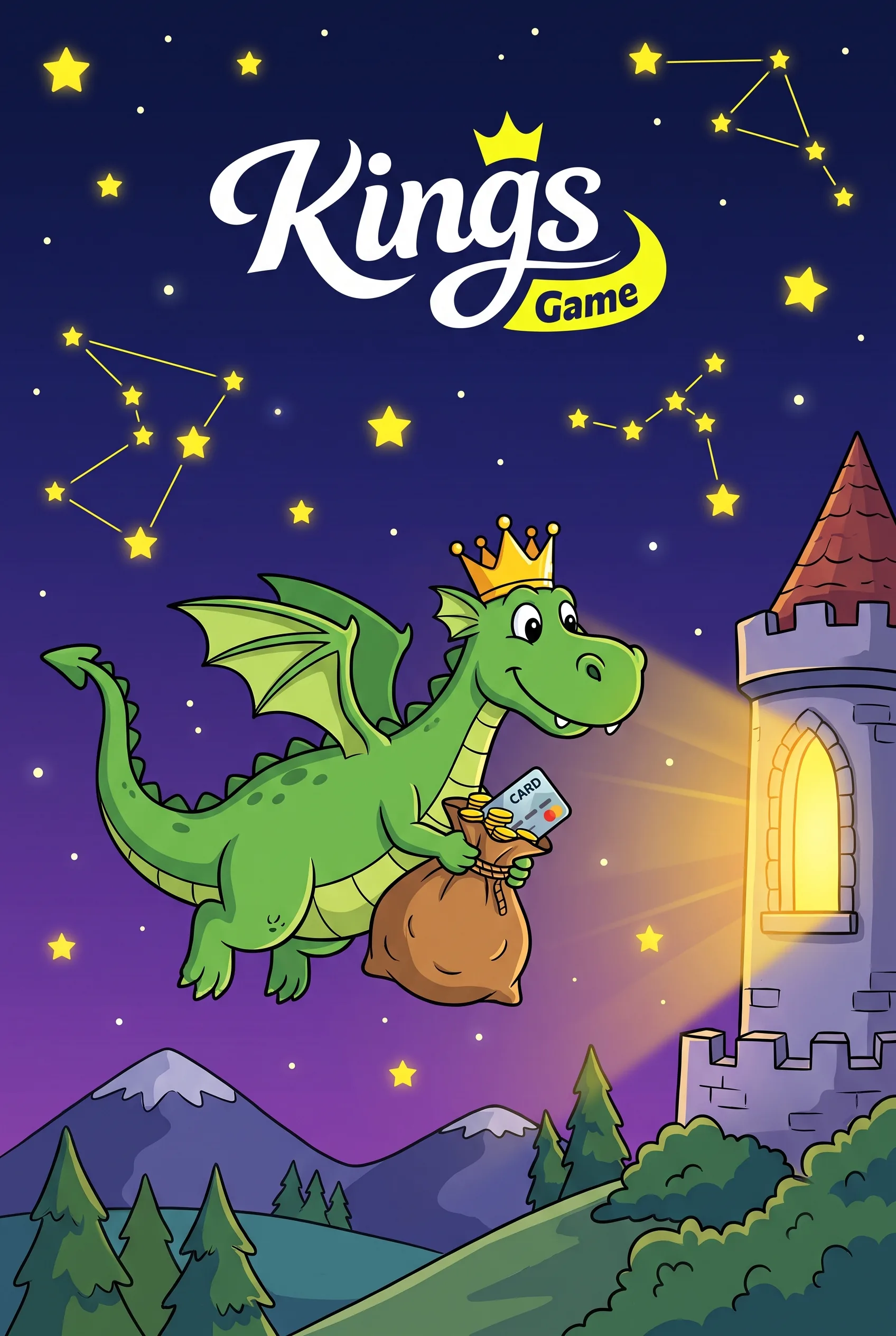 Smok Kings Game z kartą płatniczą i workiem monet przed zamkiem